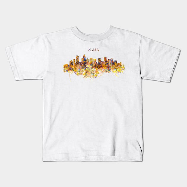 Charlotte Watercolor Skyline Kids T-Shirt by Marian Voicu